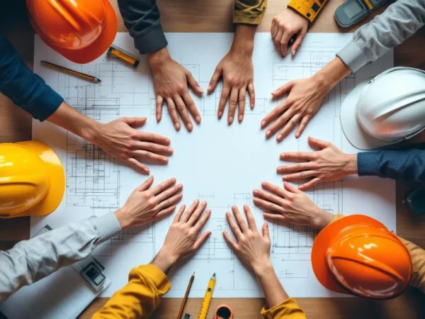 Diverse handen vormen cirkel boven bouwplannen met gekleurde helmen en gereedschap, symbool voor teamwork in bouw
